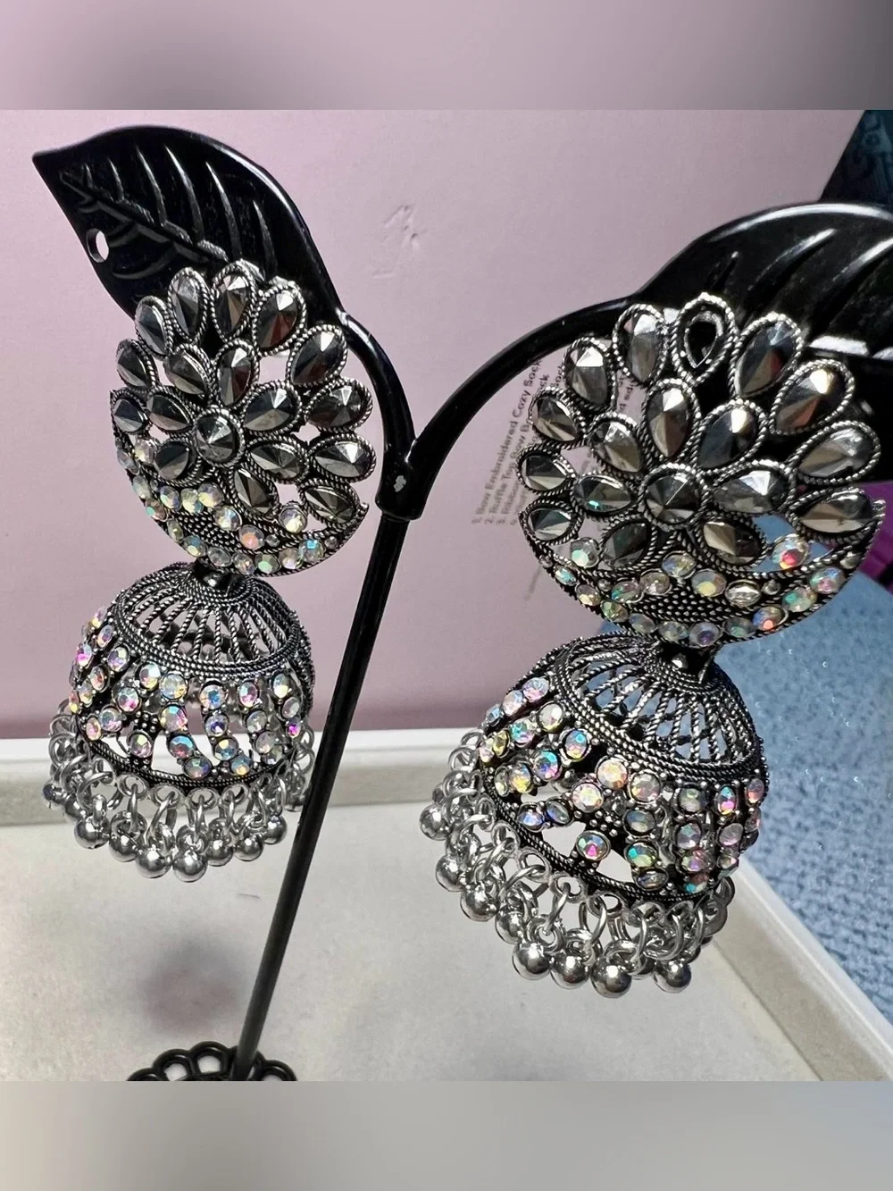 Silver Jhumka Earrings with Iridescent Crystal Accents
